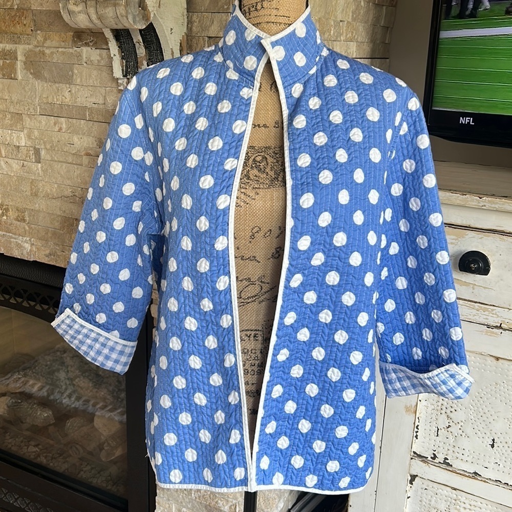 Patty Kim blue with white polka dots quilted roll sleeve open front jacket